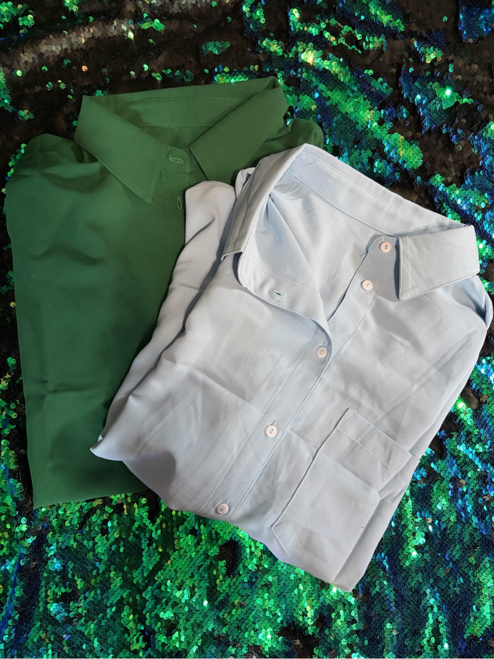 2 Womens Classic Button-Down Shirt - Light Blue and Green